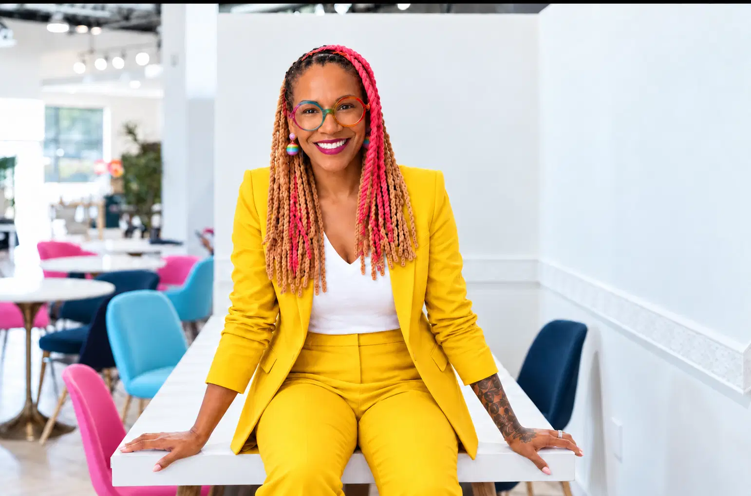 Angela Briggs-Paige seated on a white table in a bright modern office, wearing a yellow suit