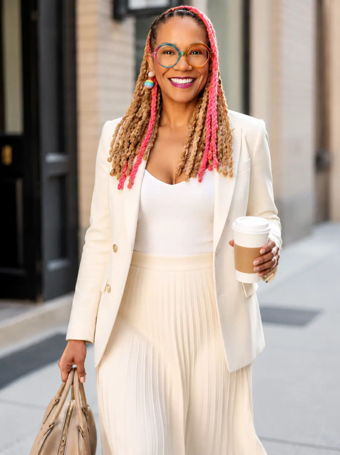 Angela Briggs-Paige smiling as she walks on a city sidewalk in a cream blazer and pleated skirt, carrying a tan handbag and takeaway coffee